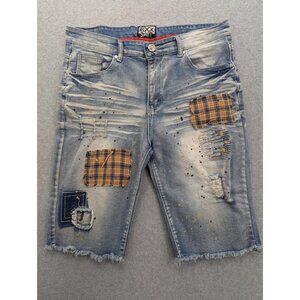 Rock Salt Denim Shorts Mens 34 Blue Plaid Patchwork Distressed Bermuda Raw Hem